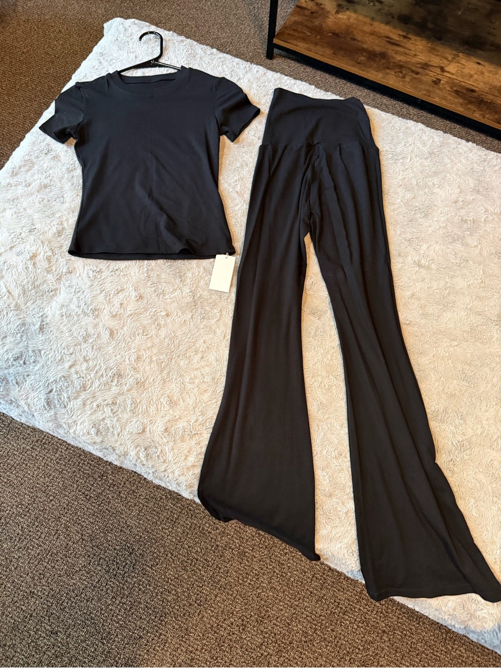Black Women's Lounge Set — Short Sleeve Top & High-Waist Flare Pants
